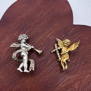 Vintage Two Angel Lot Gold Tone And Silver Tone Brooch Rhinestone Cross Brooch